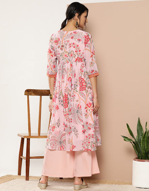 Designer Casual Wear Readymade Pink Georgette Palazzo Suit Close-up View