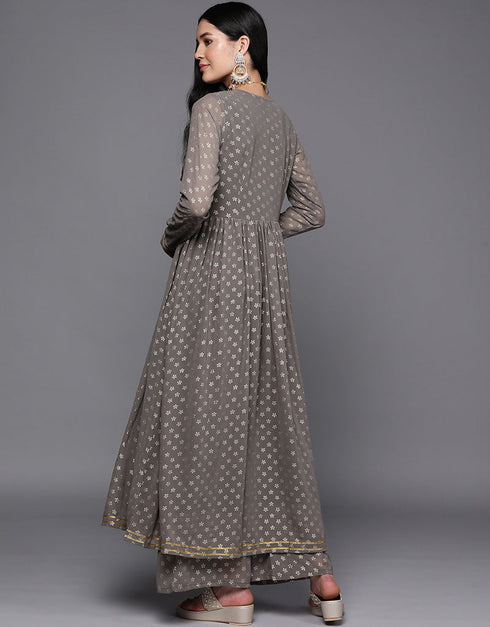 Designer Casual Wear Readymade Grey Georgette Pant Anarkali Close-up View