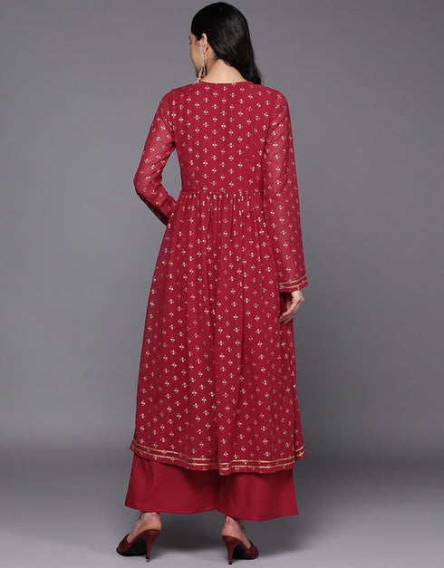 Designer Casual Wear Readymade Maroon Georgette Pant Anarkali Close-up View