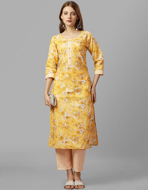 Designer Casual Wear Readymade Yellow Cambric Cotton Pant Straight Front View