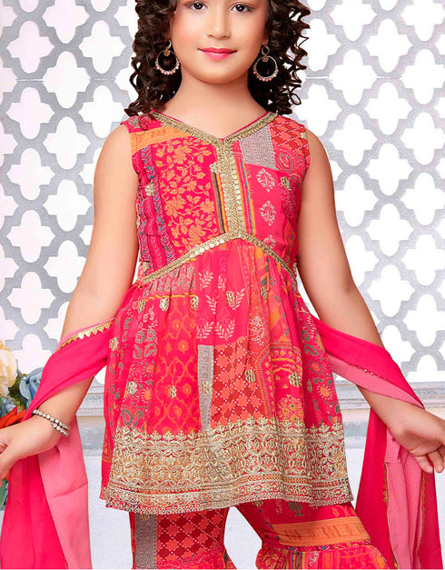 Designer Kidswear Readymade Sharara Suits Pink Faux Georgette Sharara Suit Close-up View