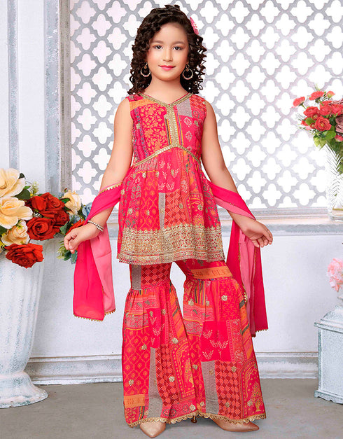 Designer Kidswear Readymade Sharara Suits Pink Faux Georgette Sharara Suit Front View