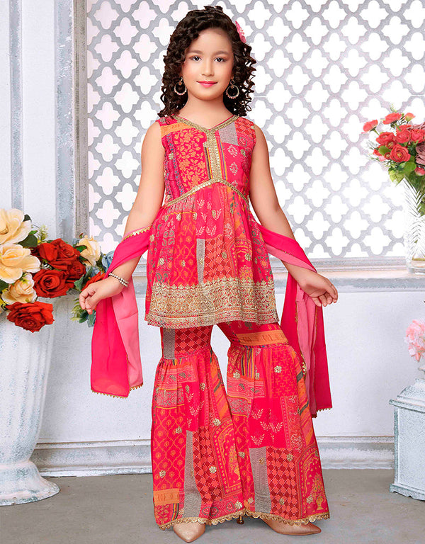 Designer Kidswear Readymade Sharara Suits Pink Faux Georgette Sharara Suit Front View
