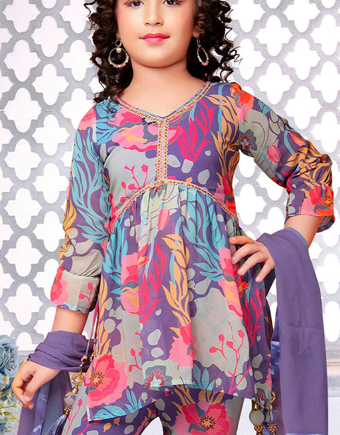 Designer Kidswear Readymade Sharara Suits Blue Faux Georgette Sharara Suit Close-up View