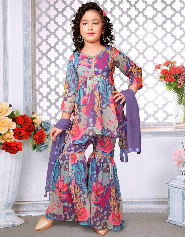 Designer Kidswear Readymade Sharara Suits Blue Faux Georgette Sharara Suit Front View