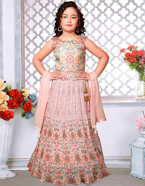 Designer Kidswear Readymade Sharara Suits Peach Banglori Satin Sharara Suit Front View