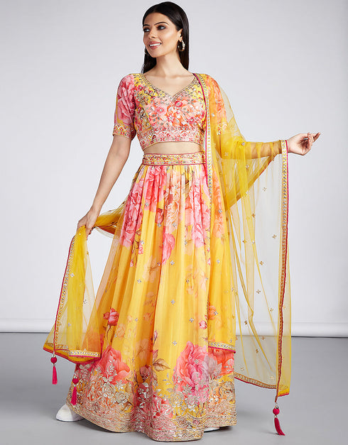 Exclusive Party Wear Heavy Lehenga Choli Collection Pink Organza Lehenga Choli Front View