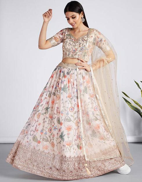 Exclusive Party Wear Heavy Lehenga Choli Collection Cream Organza Lehenga Choli Front View