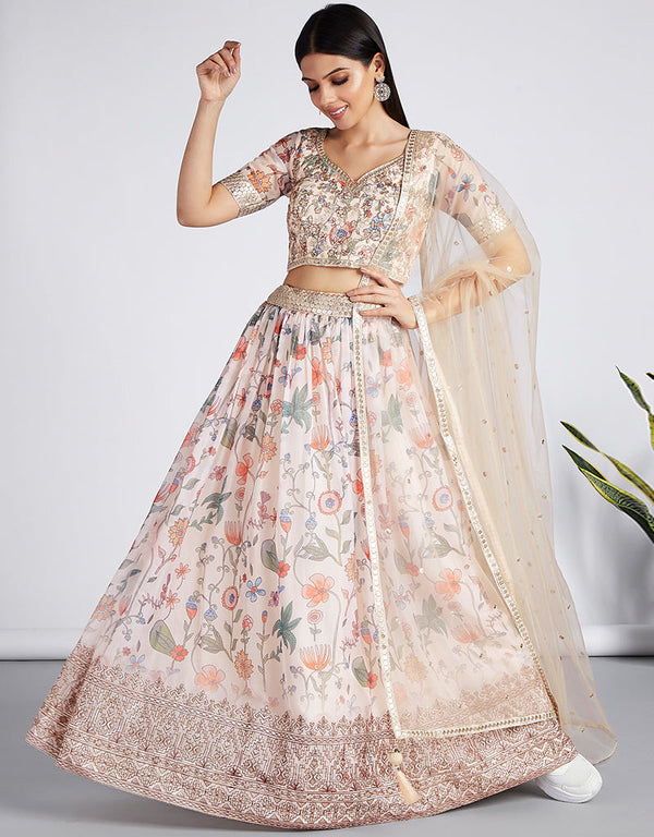 Exclusive Party Wear Heavy Lehenga Choli Collection Cream Organza Lehenga Choli Front View