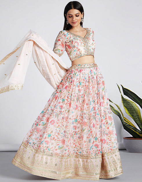 Exclusive Party Wear Heavy Lehenga Choli Collection Cream Organza Lehenga Choli Front View