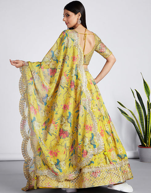 Exclusive Party Wear Heavy Lehenga Choli Collection Yellow Organza Lehenga Choli Close-up View