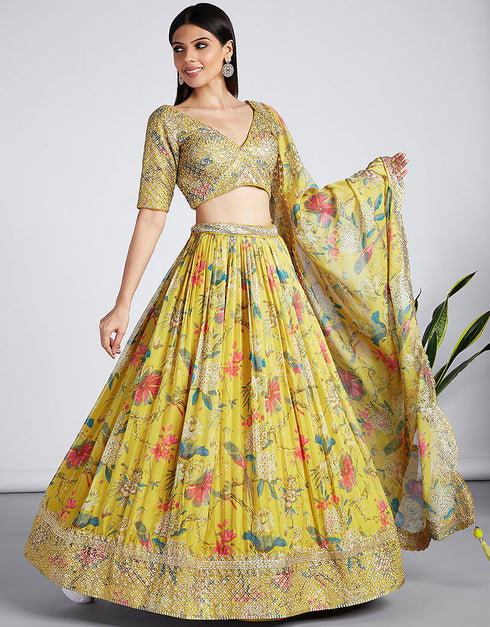 Exclusive Party Wear Heavy Lehenga Choli Collection Yellow Organza Lehenga Choli Front View
