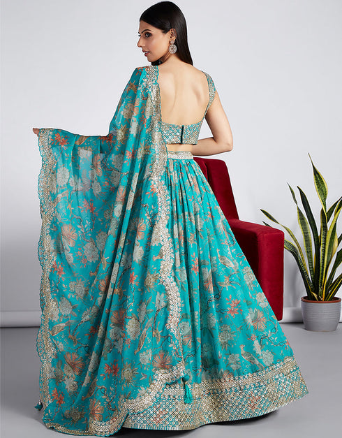 Exclusive Party Wear Heavy Lehenga Choli Collection Sea Green Organza Lehenga Choli Close-up View