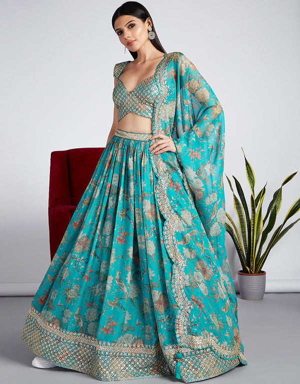 Exclusive Party Wear Heavy Lehenga Choli Collection Sea Green Organza Lehenga Choli Front View