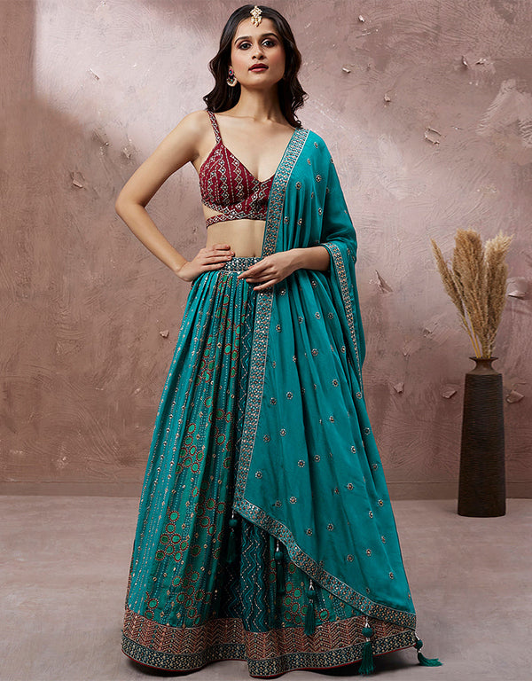 Exclusive Party Wear Heavy Lehenga Choli Collection Maroon Georgette Lehenga Choli Front View