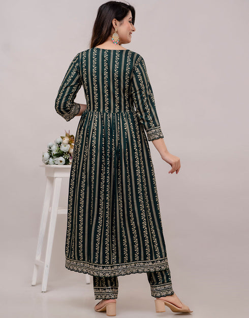 Trendy Wear Heavy Rayon Cotton Readymade Suit Green Rayon Cotton Pant Anarkali Close-up View