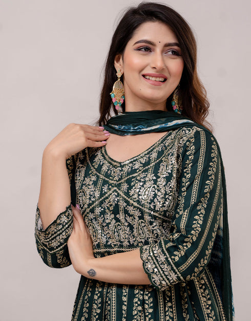Trendy Wear Heavy Rayon Cotton Readymade Suit Green Rayon Cotton Pant Anarkali Back View