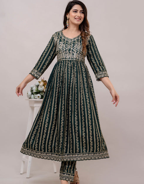 Trendy Wear Heavy Rayon Cotton Readymade Suit Green Rayon Cotton Pant Anarkali Side View