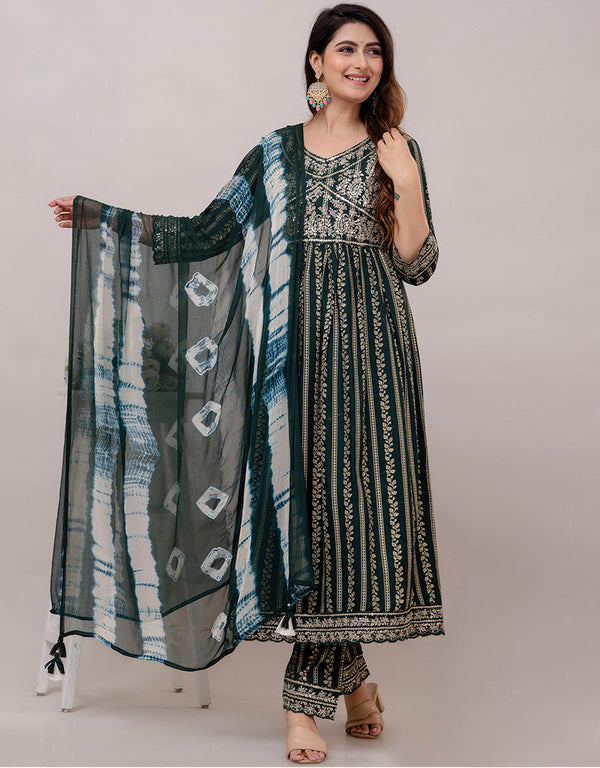 Trendy Wear Heavy Rayon Cotton Readymade Suit Green Rayon Cotton Pant Anarkali Front View