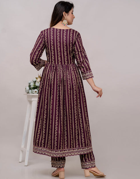 Trendy Wear Heavy Rayon Cotton Readymade Suit Wine Rayon Cotton Pant Anarkali Close-up View