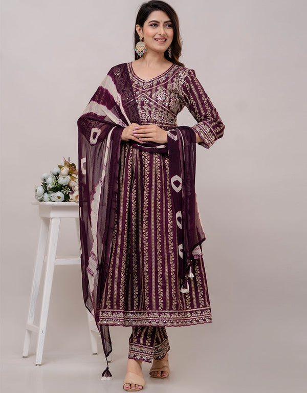 Trendy Wear Heavy Rayon Cotton Readymade Suit Wine Rayon Cotton Pant Anarkali Front View