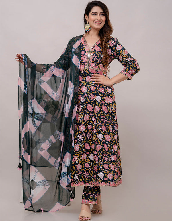 Trendy Wear Heavy Rayon Cotton Readymade Suit Green Rayon Cotton Pant Anarkali Front View