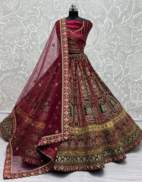 Traditional Wedding Wear Heavy Net Lehenga Choli Collection Pink Velvet Lehenga Choli Front View