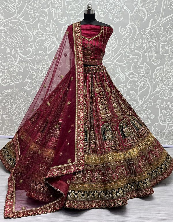 Traditional Wedding Wear Heavy Net Lehenga Choli Collection Pink Velvet Lehenga Choli Front View