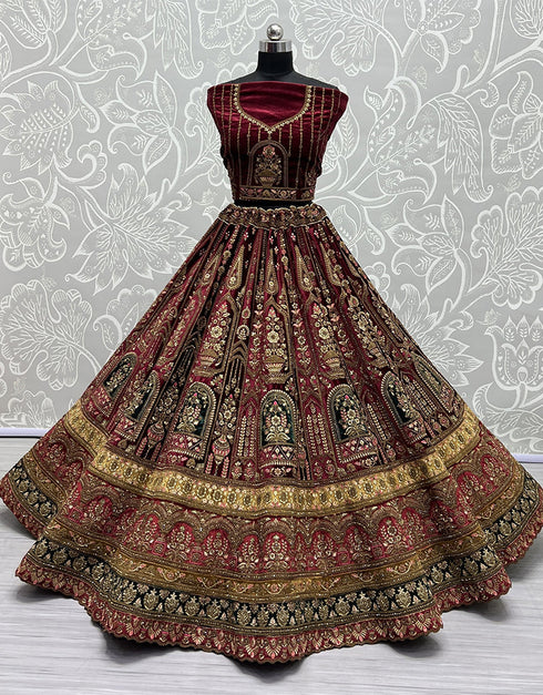 Traditional Wedding Wear Heavy Net Lehenga Choli Collection Maroon Velvet Lehenga Choli Close-up View