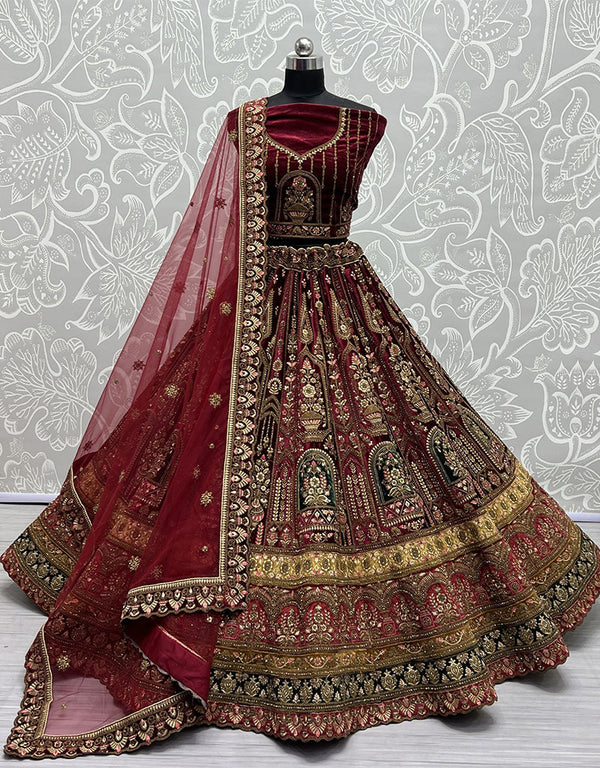 Traditional Wedding Wear Heavy Net Lehenga Choli Collection Maroon Velvet Lehenga Choli Front View