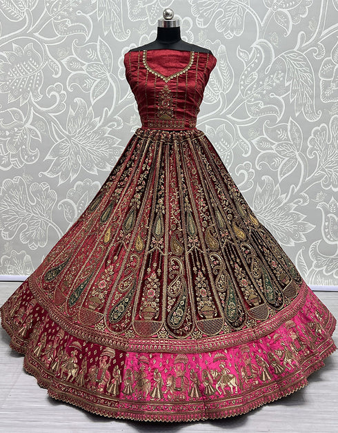 Traditional Wedding Wear Heavy Net Lehenga Choli Collection Maroon Velvet Lehenga Choli Close-up View