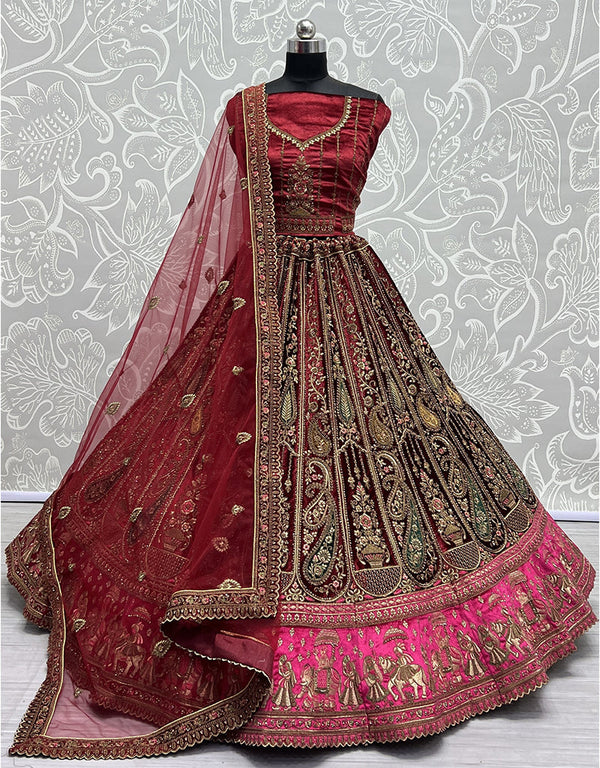 Traditional Wedding Wear Heavy Net Lehenga Choli Collection Maroon Velvet Lehenga Choli Front View