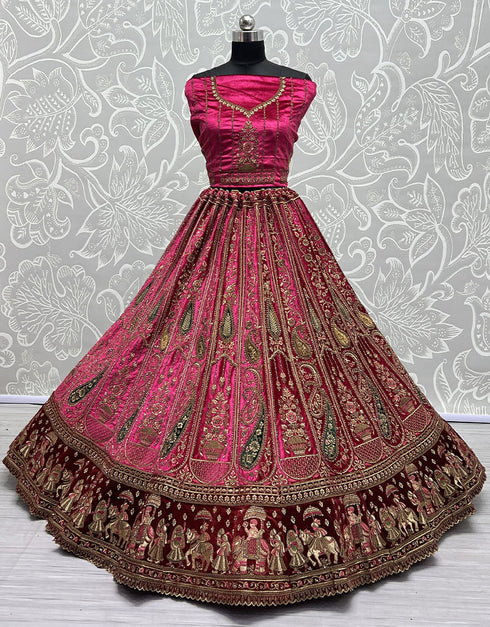 Traditional Wedding Wear Heavy Net Lehenga Choli Collection Pink Velvet Lehenga Choli Close-up View