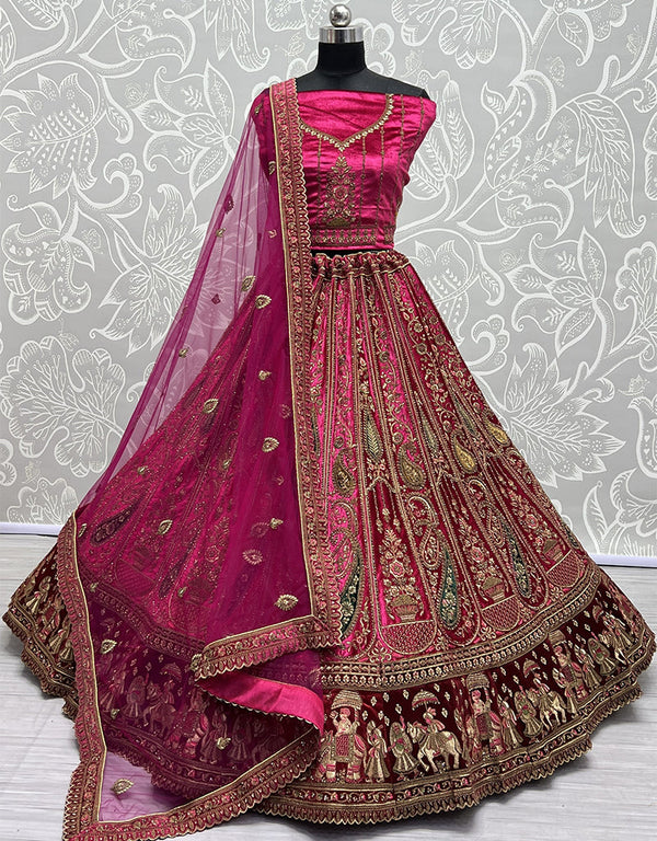 Traditional Wedding Wear Heavy Net Lehenga Choli Collection Pink Velvet Lehenga Choli Front View