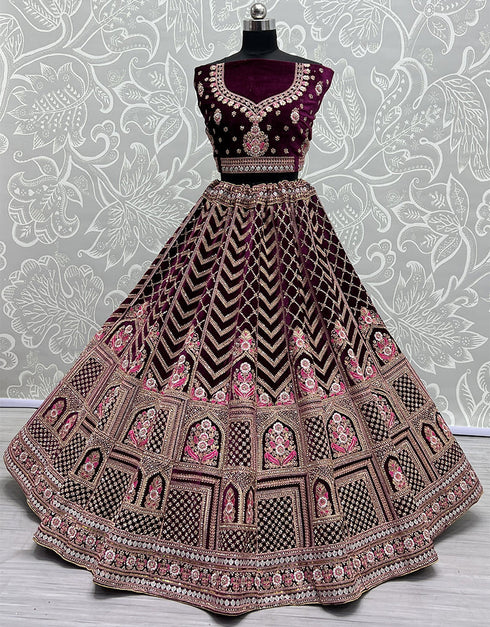Traditional Wedding Wear Heavy Net Lehenga Choli Collection Purple Velvet Lehenga Choli Close-up View