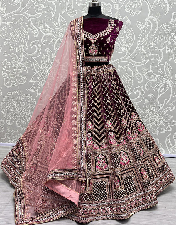 Traditional Wedding Wear Heavy Net Lehenga Choli Collection Purple Velvet Lehenga Choli Front View