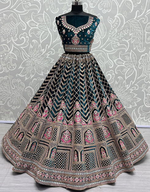 Traditional Wedding Wear Heavy Net Lehenga Choli Collection Teal Velvet Lehenga Choli Close-up View