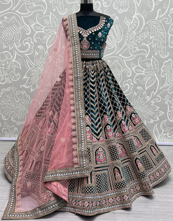 Traditional Wedding Wear Heavy Net Lehenga Choli Collection Teal Velvet Lehenga Choli Front View