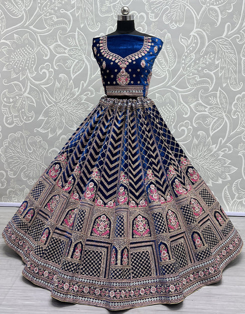 Traditional Wedding Wear Heavy Net Lehenga Choli Collection Blue Velvet Lehenga Choli Close-up View