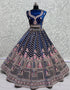 Traditional Wedding Wear Heavy Net Lehenga Choli Collection Blue Velvet Lehenga Choli Close-up View