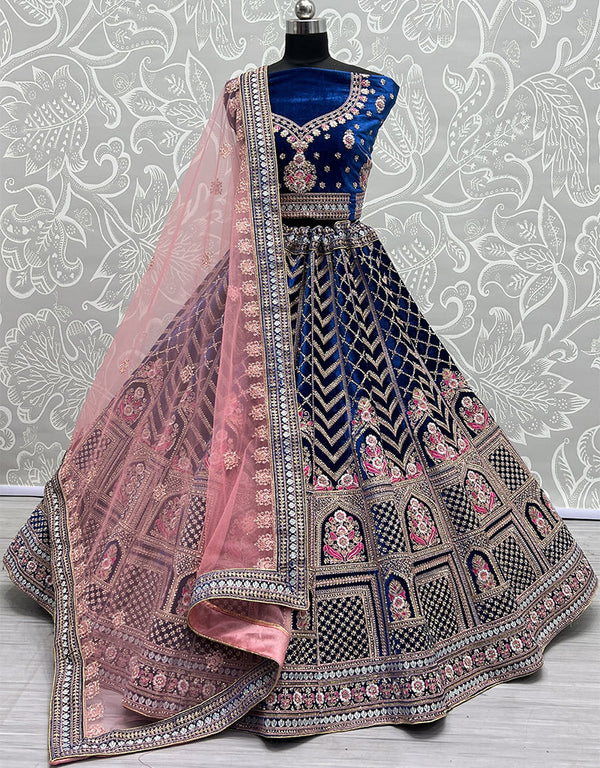Traditional Wedding Wear Heavy Net Lehenga Choli Collection Blue Velvet Lehenga Choli Front View