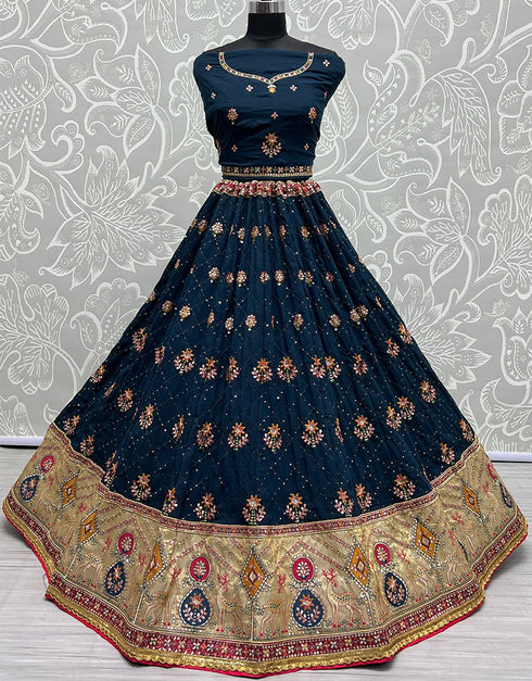 Designer Wedding Wear Heavy Net Lehenga Choli Collection Blue Gadhawal Silk Lehenga Choli Close-up View