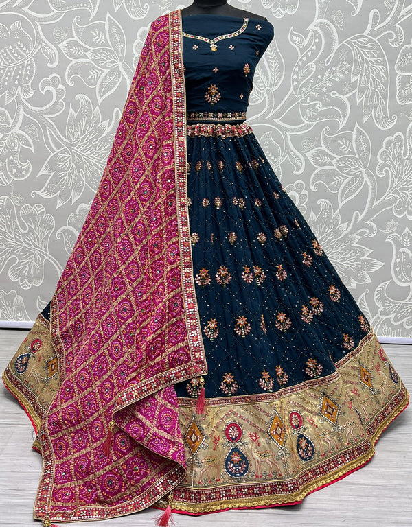 Designer Wedding Wear Heavy Net Lehenga Choli Collection Blue Gadhawal Silk Lehenga Choli Front View