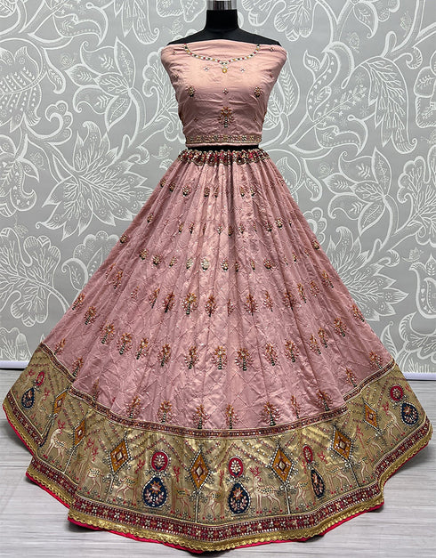 Designer Wedding Wear Heavy Net Lehenga Choli Collection Pink Gadhawal Silk Lehenga Choli Close-up View