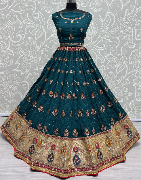 Designer Wedding Wear Heavy Net Lehenga Choli Collection Blue Gadhawal Silk Lehenga Choli Close-up View