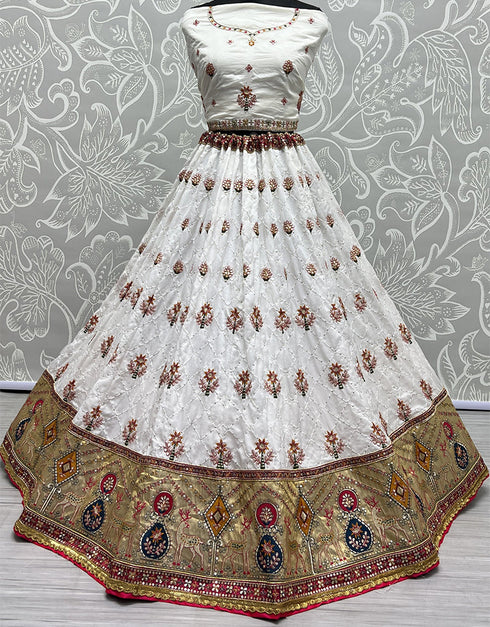 Designer Wedding Wear Heavy Net Lehenga Choli Collection White Gadhawal Silk Lehenga Choli Close-up View