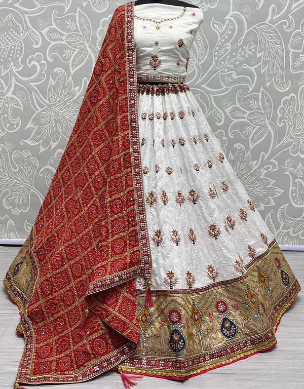 Designer Wedding Wear Heavy Net Lehenga Choli Collection White Gadhawal Silk Lehenga Choli Front View