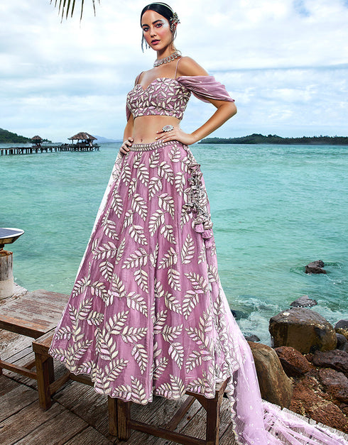 Designer Wedding Wear Heavy Net Lehenga Choli Collection Mauve Organza Lehenga Choli Close-up View