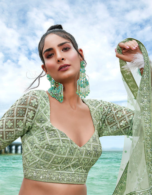 Designer Wedding Wear Heavy Net Lehenga Choli Collection Green Net Lehenga Choli Back View