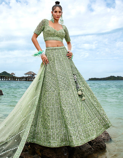 Designer Wedding Wear Heavy Net Lehenga Choli Collection Green Net Lehenga Choli Front View